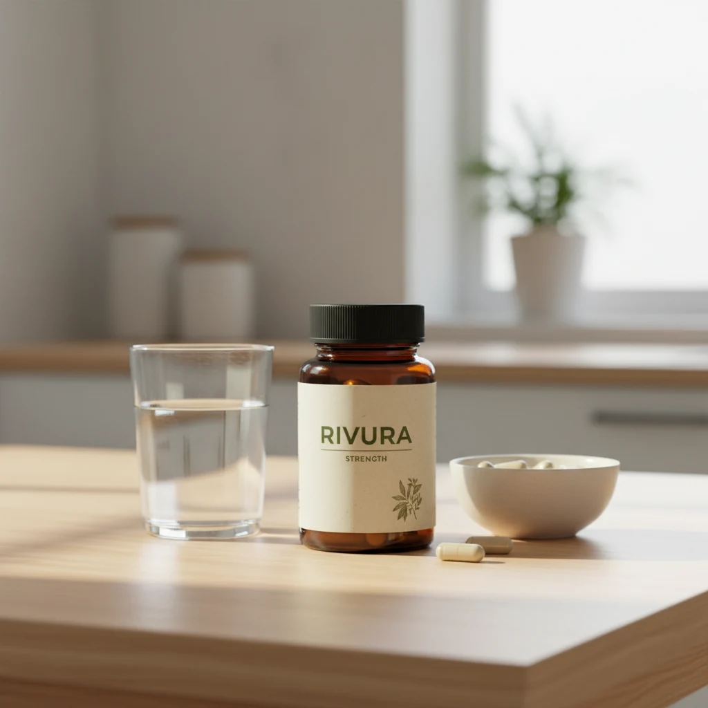 Rivura Strength amber glass supplement jar on a kitchen table with a glass of water